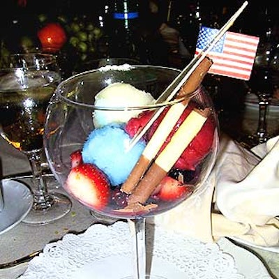 Food can be patriotic too, like the parfait with sorbets, strawberries, and an American flag that Ciao Bella created for the 2001 Citymeals-on-Wheels Power Lunch for Women.