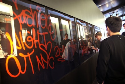 During Mercedes-Benz Fashion Week in September 2010, Chanel threw a party to fete the reopening of its Peter Marino-redesigned SoHo store. Outside the space a digital interactive graffiti wall invited guests to tag, or write messages, on a series of LED screens using spray paint cans outfitted with infrared technology. Graffiti artists were also on hand to work with guests and create original artwork.