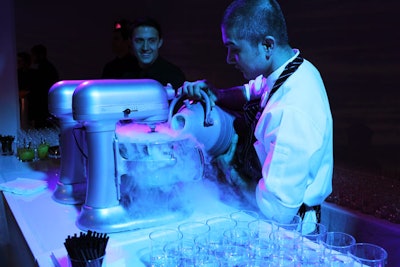 The look of the Lexus event during the 2011 New York International Auto Show might have been more futuristic than spooky, but the eerie glow of blue lighting and the fog coming out of the drinks works just as well for Halloween parties. Caterer Creative Edge served up a liquid nitrogen cocktail of vanilla Absolut with tangerine and a vanilla kumquat marmalade alongside passion fruit meringues dipped in a bowl of nitrogen for the carmaker's preview event.