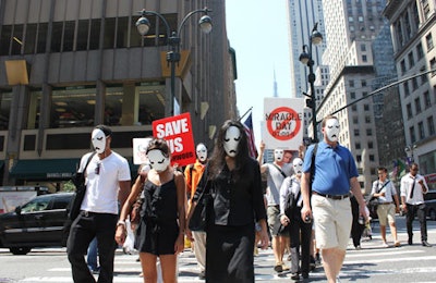 A mob of silent, masked people marching through the streets of Manhattan last year made for a creepy, if not ominous sight. The stunt was part of a promotion from Starz to herald the premiere of Torchwood: Miracle Day.