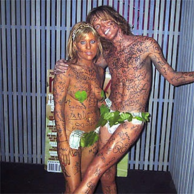 Graffiti moved from the traditional wall background to skin at a New York Nerve.com party in 2000, where guests signed human guest books.