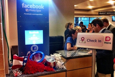 At the R.N.C., Facebook set up a photo booth with American-flag inspired gear where attendees could take and upload photos directly to their Facebook timelines. Facebook-related or not, photo booths with red, white, and blue props make for a good election night addition.