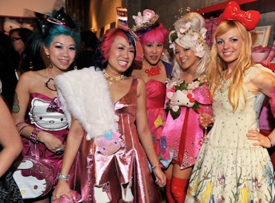Sanrio celebrated the 35th anniversary of Hello Kitty by opening a pop-up shop in California in 2009. The opening night party for the promotion had servers and guests dressed in outfits that channeled the brand's cutesy look.