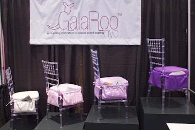 GalaRoo made its debut, offering its new line of dual-pocketed seat cushions. Designed to help women keep track of their purses and cut down on tabletop clutter at events, the bengaline fabric cushions are made for use with Chiavari chairs and can be created in any custom color.