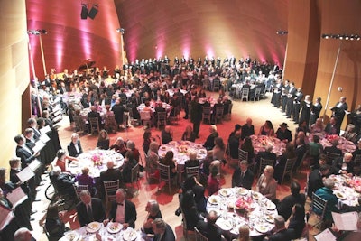 At the Los Angeles Master Chorale gala, 115 singers formed a circle around the entire room, with music director Gershon conducting from the center.
