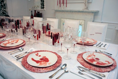 Interior designer Leah Pickler interpreted Showtime's Dexter series when the network partnered with Metropolitan Home in 2008 for an experiential show house. Pickler's dining room included plates, chairs, and walls splattered with blood and a centerpiece comprised of vials of red liquid.