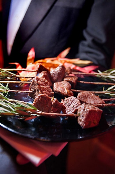 Passed hors d'ouevres during the V.I.P. reception included lamb brochette served on rosemary skewers.