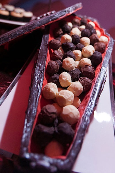 Occasions kept the desserts in sync with the Dracula theme, highlighted by a coffin filled with multiple flavors of chocolate truffles.