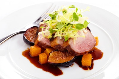 For hearty winter catering fare, try the new menu options from Wolfgang Puck Catering, which include duck with figs, butternut squash, heirloom apples, and crispy ginger (pictured). Other new offerings: oysters with mignonette 'snow' (aka a finer granita), macaroons in holiday flavors and colors, and mac 'n' cheese served in mini cast-iron cocottes.