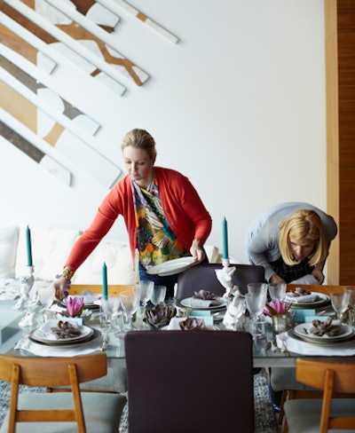 Rollins (pictured, left) and fashion designer Lela Rose collaborated on a Texas-inspired dinner party at Rose's ground-floor living space in TriBeCa. Succulents 'were a perfect fit with Lela's aesthetic approach to modern design,' writes Rollins of the tabletop decor, which also included turquoise tapers in Frances Palmer’s 'Alice in Wonderland' candle holders. Guests received DVDs of Peter Sellers' movie The Party as take-home gifts at the end of the night.