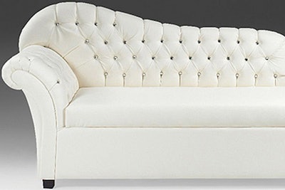 The new Crystal line from AFR Event Furnishings offers a touch of glitz. The collection includes a high-back loveseat, bench loveseat, chaise, round ottoman, and bar fronts in white or black embellished with crystal nailheads. Available nationwide, the rental price for each item ranges from $250 to $575.