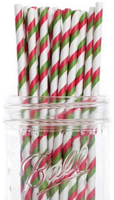 Koyal Wholesale offers festive, budget-friendly partyware including red-and-green stripe biodegradable paper drinking straws, $29 for 100. Discounts are available for large orders.
