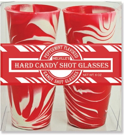 Add some extra sweetness to the bar offerings with Melville’s peppermint-flavored hard candy shot glasses, $20 for 12, available at Candy.com.