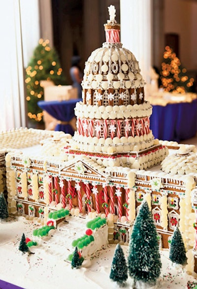 Windows Catering in Washington is offering gingerbread houses in the form of the White House, the Pentagon, or the Capitol building. Also available as eye-catching holiday party centerpieces: smaller scale, customized versions of offices or homes.