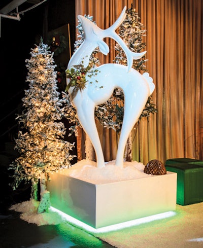 Kehoe Designs’ new Goldsmith Holiday decor scheme includes golden furniture rentals and marble-top accent tables. The collection introduces the new Paloma sofa and also includes bar fronts made from silky, kelly green fabrics and sleek white reindeer sculptures. For small, impromptu gatherings, the company can arrange for decor in as little as seven days; more elaborate events require longer lead times.