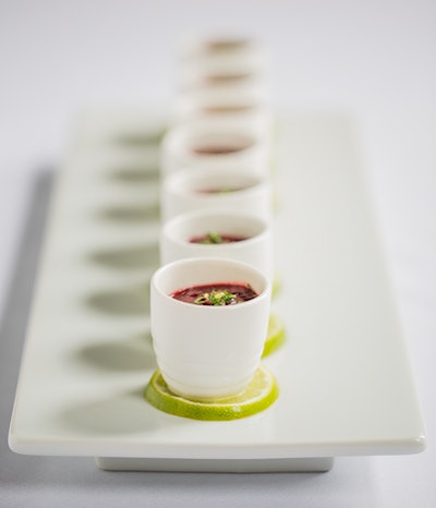 Crimson agave-scented beet soup sippers with sage gremolata, by Tables of Content in Boston