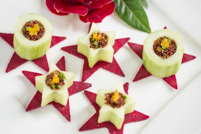 Cucumber cups filled with red quinoa salad and golden beet chutney, by Tables of Content in Boston