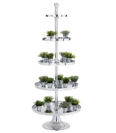Turn the aluminum 67-inch tall floor stand from Higgins Event Rentals into a display of potted seasonal greenery. Party guests can each take home a plant at the end of the night as a favour.