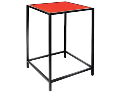 Rectangular red-plexi black-framed cruiser table, price upon request, available in Toronto from Contemporary Furniture Rentals Inc.