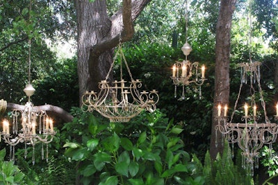 Vineyard Chandeliers - From Left: 6 Light Cottage Chandelier - 26' H x 24'W, 18 Branch Floral Chandelier - 32'H x 32'W, 3 Light Cottage Chandelier - 20'H x 16'W, 6 Light Vintage Chandelier - 45'H x 32'W