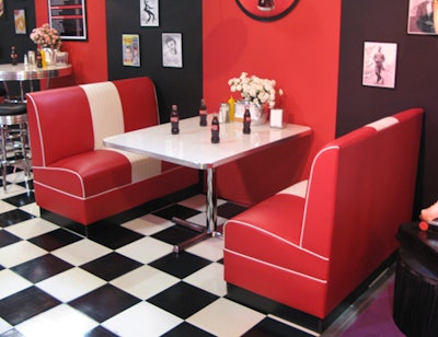 Chrome Table With White Top - 36' x 48'. Shown With Red and White Banquettes