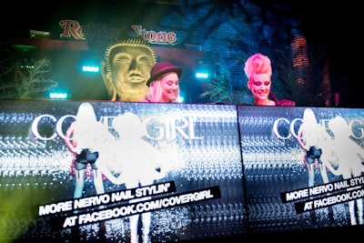 To give the façade of the DJ booth a dynamic, interchanging look, producers placed three seamless LCD screens that displayed a loop of sponsor images as well as videos created for DJ duo Nervo (pictured) and Tiësto.