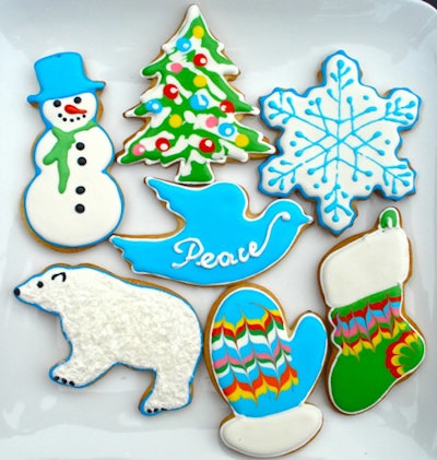 Greenpoint bakery Cookie Road can deliver large quantities of its trippy-looking hand-decorated sugar cookies to private events. Holiday designs include tie-dye-effect stockings and mittens, Christmas trees, snowflakes, and snowmen. There is a minimum of 50 cookies with an average price between $3 and $7 per cookie.