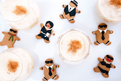 Eggnog shots with mini gingerbread cookies, by Schaffer’s Genuine Foods in Los Angeles