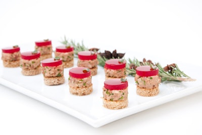Turkey rillettes with cranberry Grand Marnier gelée on sage brown butter croutons, by Schaffer’s Genuine Foods in Los Angeles