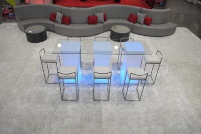 Silver Metallic Infinite Curve and Communal Table with Avery Barstool and Belly Bar with Illumination