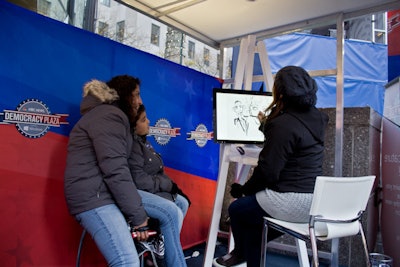 On the plaza, caricature artists used the Fresh Paint app on Windows tablets to draw visitors alongside a likeness of their preferred presidential candidate.