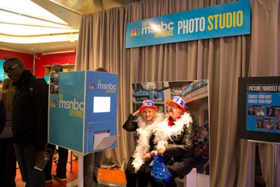 The NBC Experience Store was turned into the MSNBC Experience as part of the Democracy Plaza setup. Chilly visitors could step inside to warm up and have their pictures taken with patriotic props at a photo station from the Bosco.