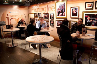 The upstairs area of the NBC Experience Store was transformed into the Morning Joe Café, where visitors could get a free latte or cup of coffee and take a seat at one of the branded café tables.