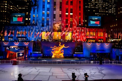 The rink at Rockefeller Center displayed an outline of the United States. As NBC News called states for Obama or Romney, the map was colored red and blue.