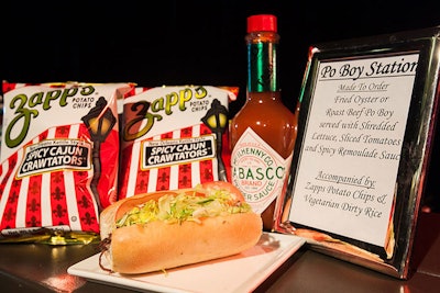 The po boy stations served roast beef and fried oyster sandwiches dressed with lettuce, tomato, and rémoulade sauce, along with Zapp's potato chips and vegetarian dirty rice.