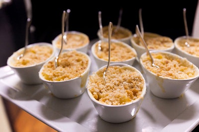 Mini bowls of mac and cheese were among the savory passed hors d'oeuvres.