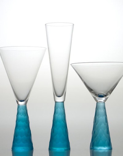 Our sleek Diamond Glassware, available in aqua, clear, and pink.