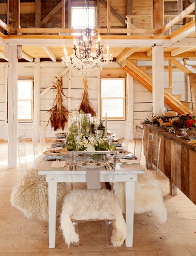 For holiday parties, New England Country Rentals has created custom driftwood Christmas trees and shadow boxes etched with words such as 'joy.' For a less traditional—but still cozy—take on holiday decor, staffers can set up a whitewashed farm table with distressed wood Chiavari chairs, accented with fluffy shag rugs and throws.