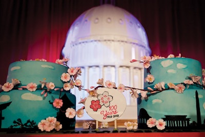 The centennial celebration of the National Cherry Blossom Festival, an honorary recognition of the namesake trees given to Washington by Japan in 1912, began in March with the Pink Tie Party. The taste-around event for 750 had a cake decorated with cherry blossoms and Washington memorials from Charm City Cakes.