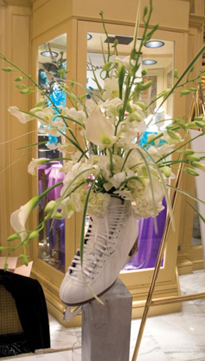 Olympic medalists Dorothy Hamill, Nancy Kerrigan, Paul Wylie, and Dick Button helped the Skating Club of Boston celebrate its 100th this past winter. At the ball, skates doubled as vases for the floral arrangements.