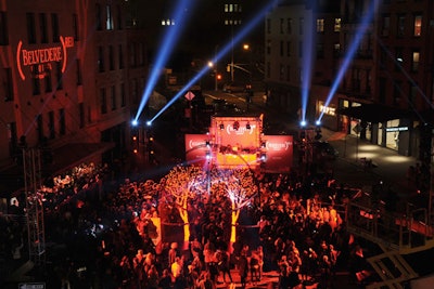 The promotion took over the meatpacking district's Gansevoort Plaza, flooding the outdoor space with lighting, projections, and crowds.