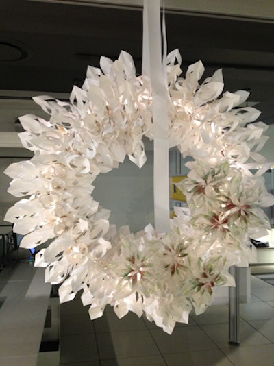 Gettys Group's 'Snowflake' had individual paper snowflakes strung on their sides to create a geometric, abstract pattern.