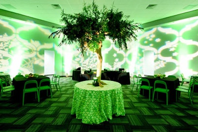 Miami's Junior Achievement celebrated the opening of its new experiential learning center in 2009 with a street-fair-style party held throughout the facility's three indoor miniature cities. In the green-hued dessert room, Jack Hammer Live Audio projected a gobo in the same pattern as the table linens.