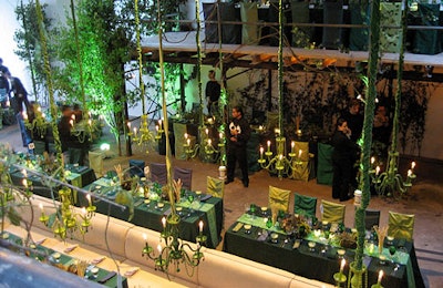For the 2007 Friends of the High Line summer benefit in New York, designer Bronson van Wyck hung green Murano chandeliers from the ceiling and covered tables and chairs in green linens.