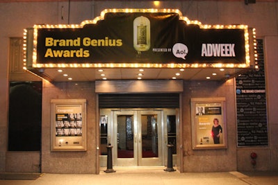 Originally scheduled for October 29, Adweek's Brand Genius Awards dinner was postponed due to the arrival of Hurricane Sandy in New York. The rescheduled ceremony took place November 28 at the Edison Ballroom where the event's logo decorated the Times Square venue's exterior marquee.