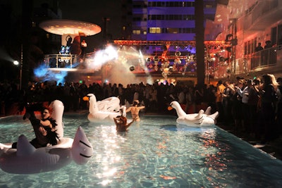 Performers and inflatable swans entertained guests at a Bing-sponsored party at the Shelborne South Beach during last year's Art Basel.