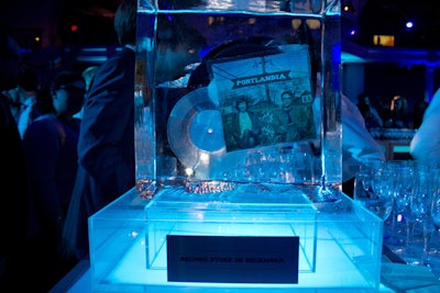 To depict a frozen record store, a custom Portlandia CD was enclosed in a block of ice.