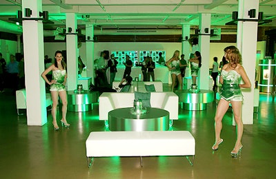 At the launch for Heineken's DraughtKeg event in 2007, the venue walls and the white leather seating were illuminated in Heineken green. Models dressed in green futuristic-looking outfits.