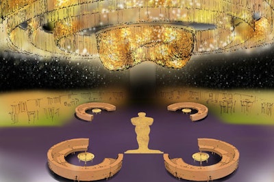 With a color palette of aubergine, champagne, and chartreuse, this year's Governors Ball will be held in the Ray Dolby ballroom of the Hollywood & Highland Center directly following the Academy Awards telecast February 24. The centerpiece of the space will be an 18-foot gold Oscar.