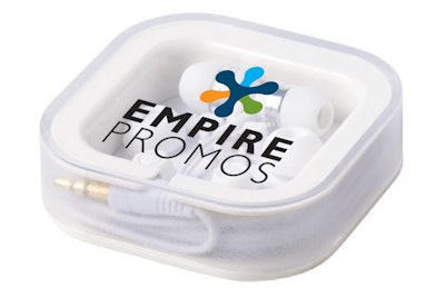 Earbud headphones ($6.82 each for 100) from Empire Promotional Products come in a customizable container.